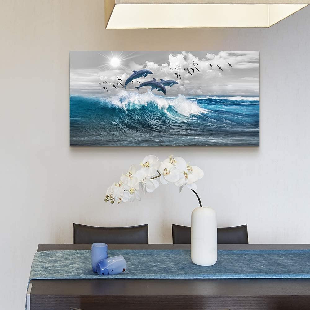 Decoración de pared para sala de estar, lienzo de gran tamaño, arte de pared para dormitorio, olas azules del mar, ilustraciones de pared, arte