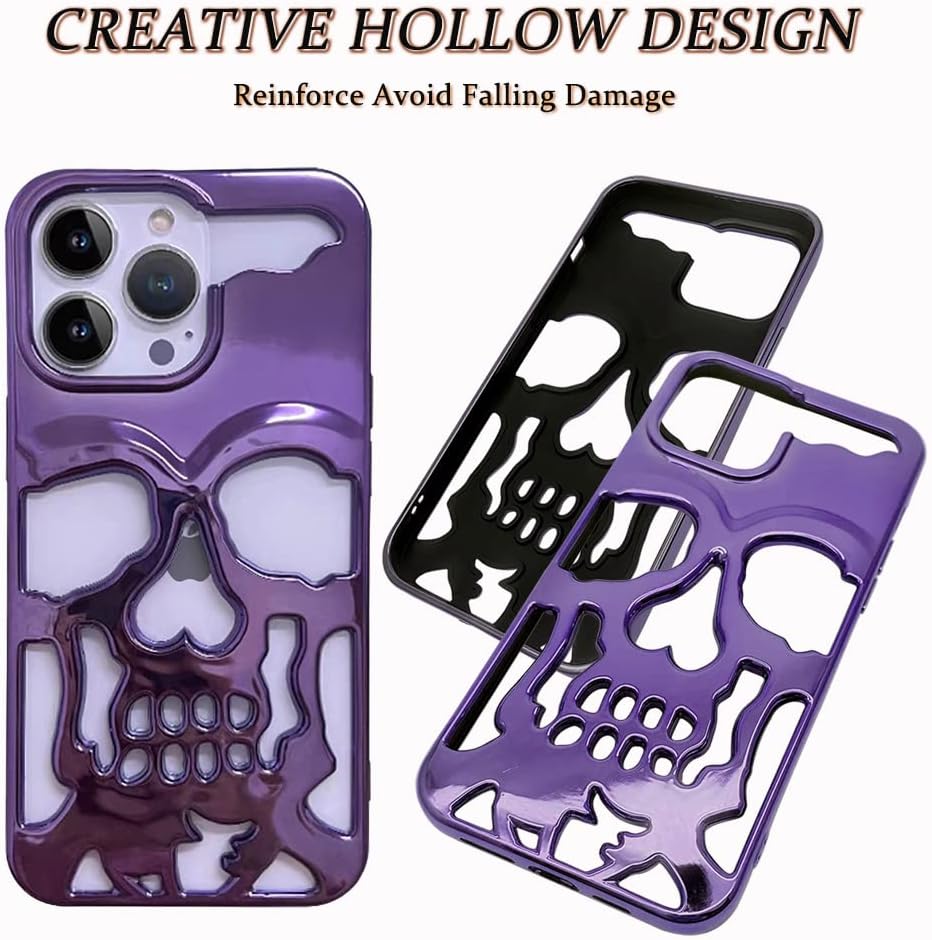 Funda de teléfono con diseño de calavera chapada en lujo, para iPhone 11, funda de metal hueca y suave, cubierta de teléfono con talla de