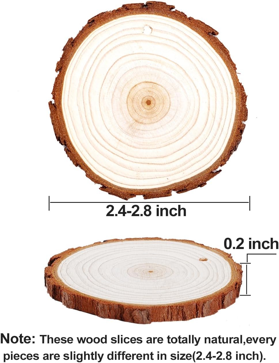 wohohoho 24 piezas de rebanadas de madera natural de 2.4 a 2.8 pulgadas, kit de madera para manualidades sin terminar, preperforado con agujero,