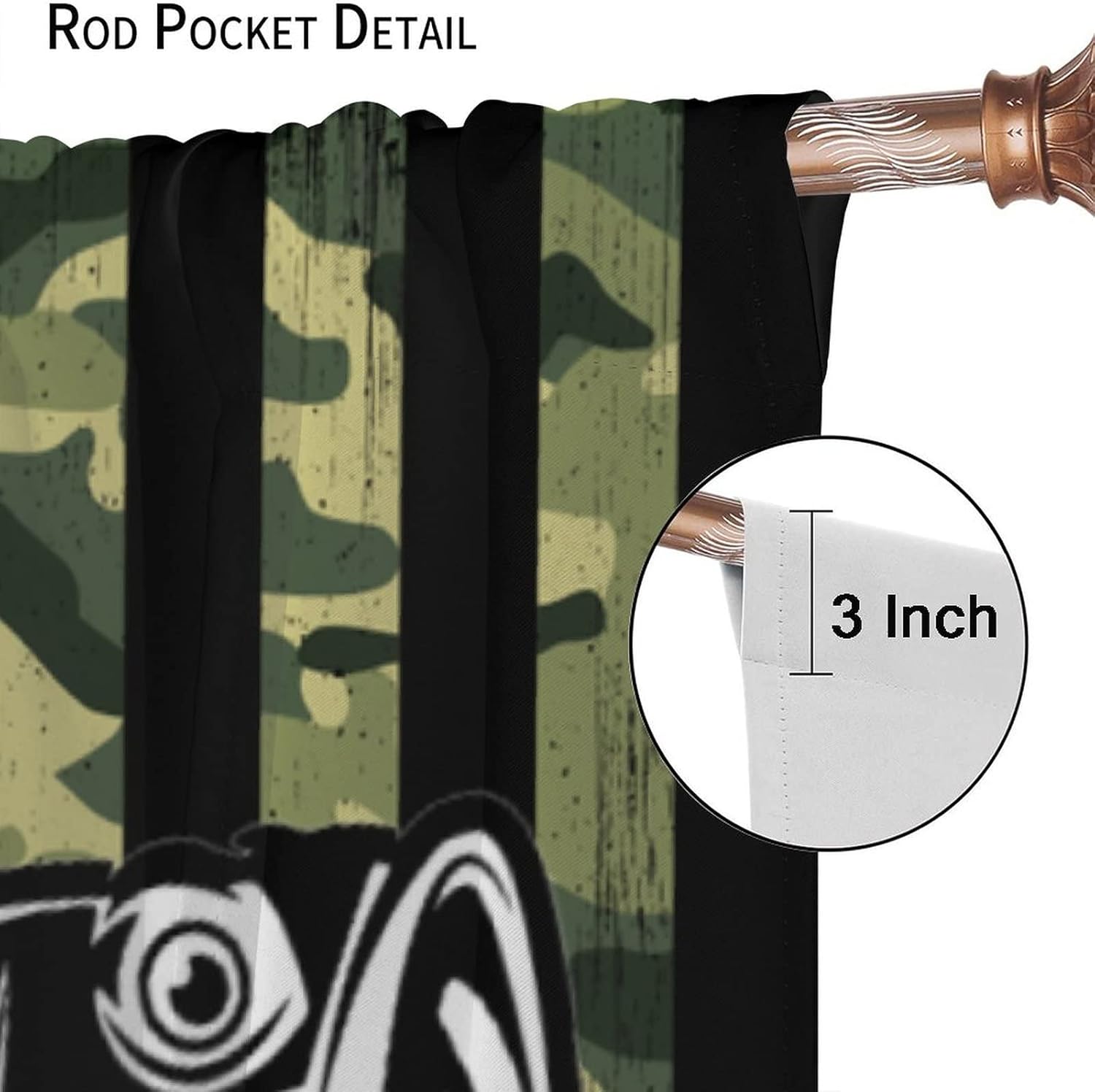 Cortinas de pesca con estampado de bandera de camuflaje verde, estampado de peces y lubina, cortina opaca para dormitorio, sala de estar, 2 grupos