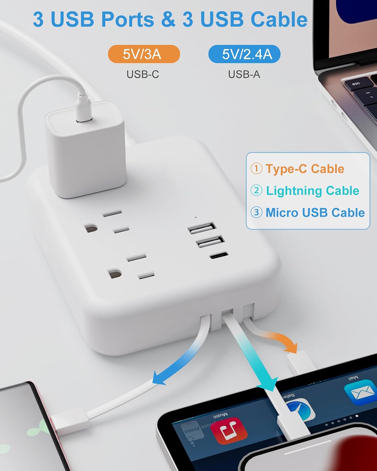 Regleta de alimentación de viaje con puertos USB, 3 cables integrados, cable de extensión de enchufe plano, 3 tomacorrientes, 6 USB con cable de