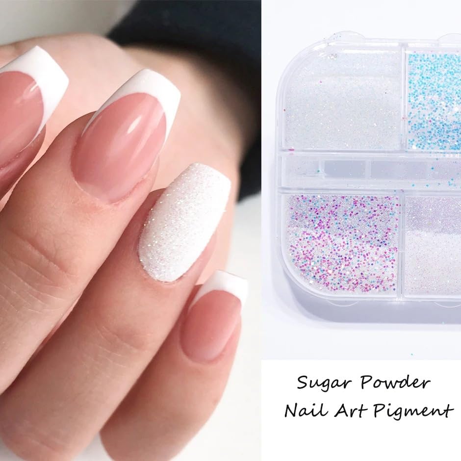 Polvo de purpurina para uñas de azúcar blanco superfino para diseño de uñas de copo de nieve de Navidad, efecto brillante de azúcar, copos de