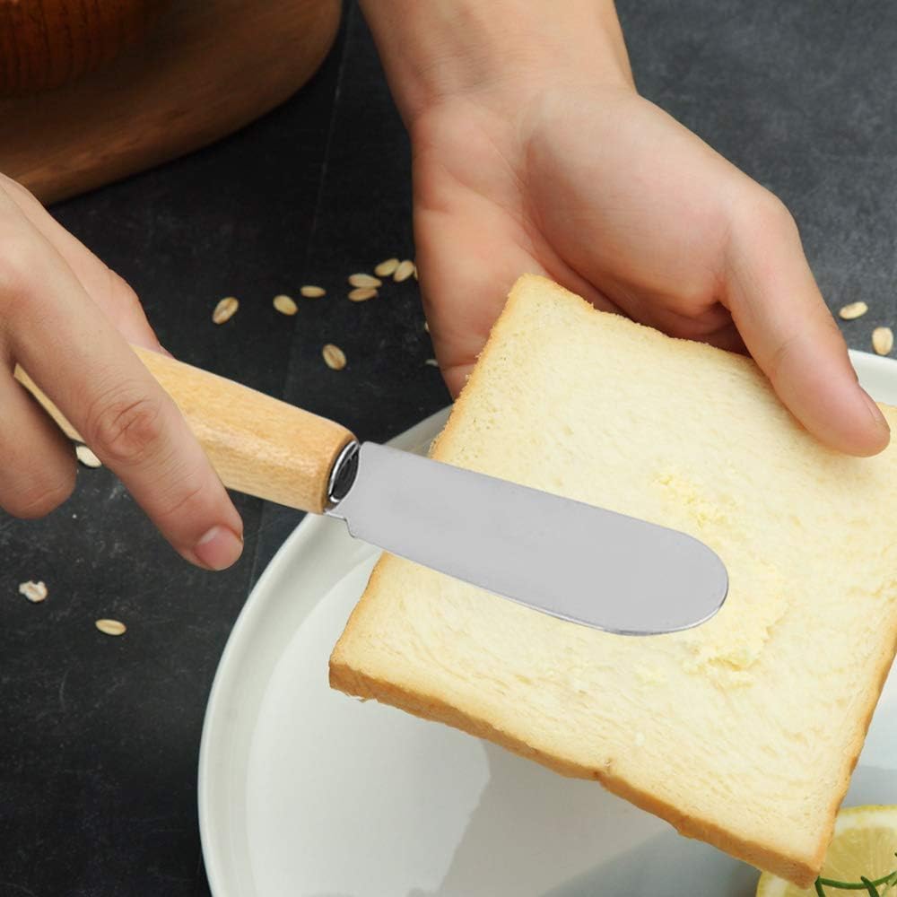 DaKuan Esparcidor de mantequilla con mango de madera, 4 pulgadas, cuchillos para condimentos de queso crema, juego de 6