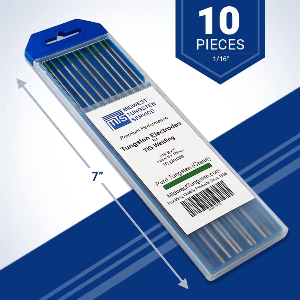 Midwest Tungsten Service Electrodos de soldadura TIG de tungsteno paquete de 10 (verde, tungsteno puro (WP, EWP), 116 pulgadas