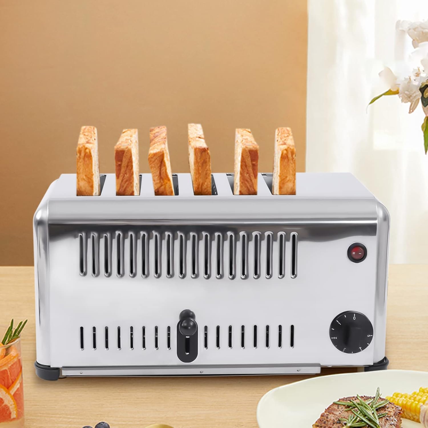 Tostadora de 6 rebanadas, máquina de hornear pan de acero inoxidable de 110 V, ranuras extra anchas con bandeja extraíble para migas comercial,