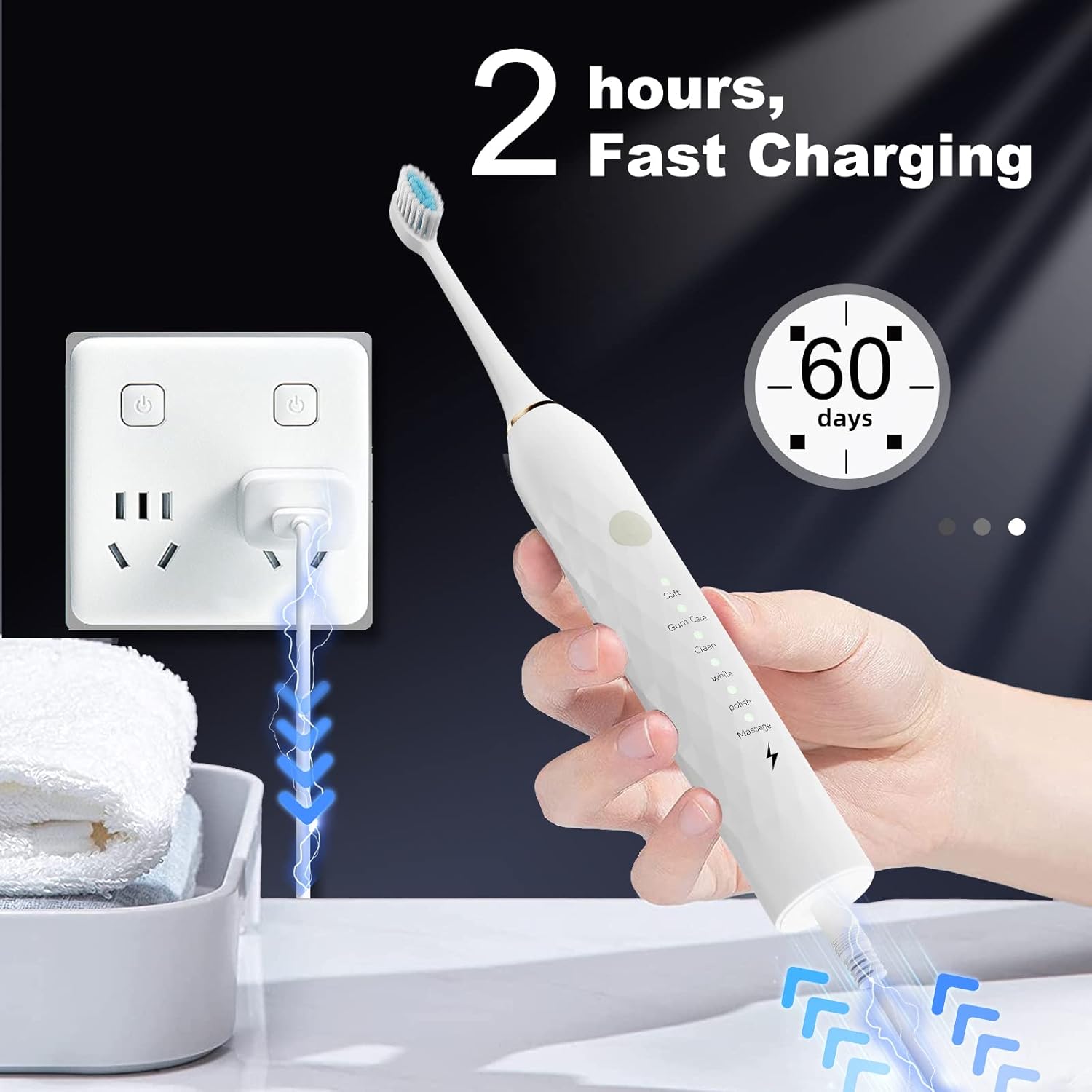 Paquete de 2 cepillos de dientes eléctricos, cepillo de dientes eléctrico para adultos con 10 cabezales de cepillo de repuesto, 2 soportes para