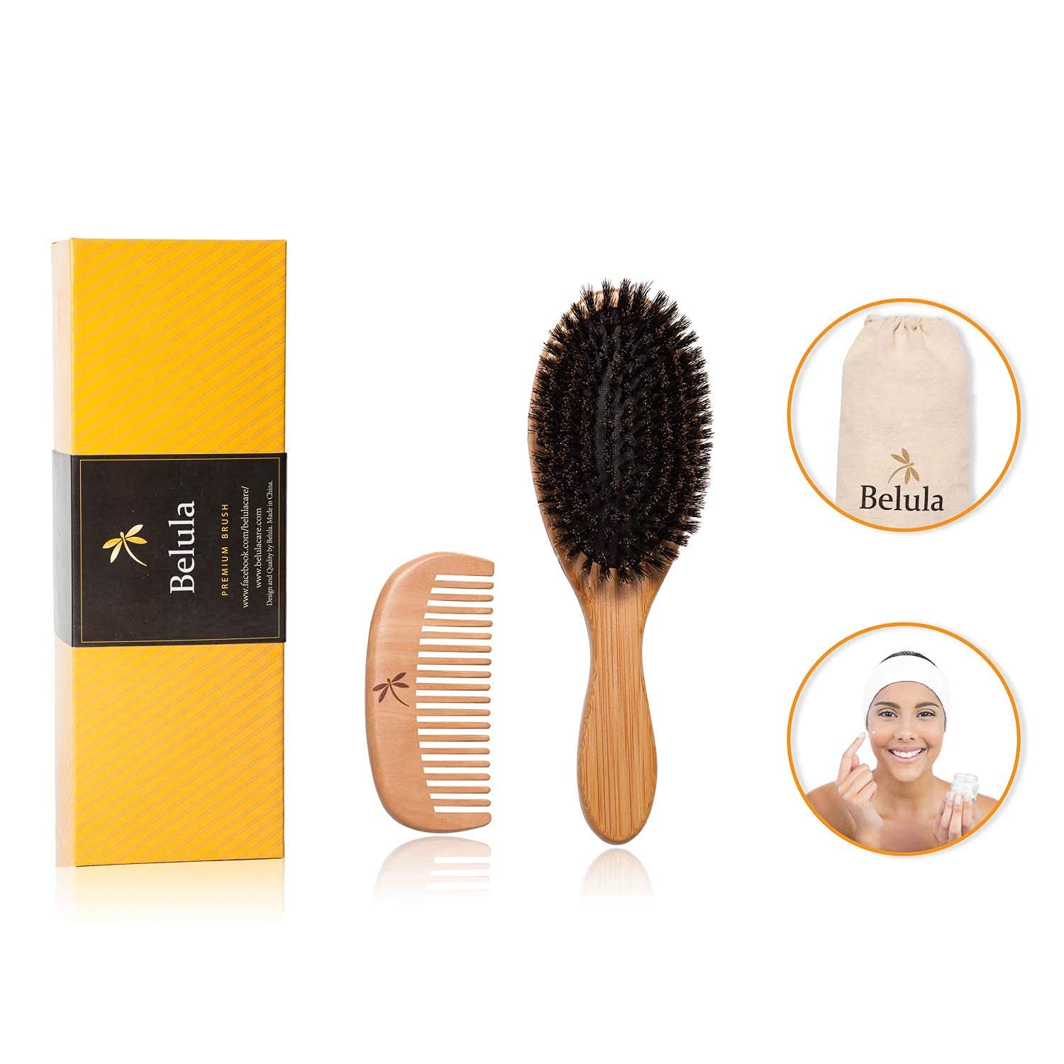 Belula Cuidado orgánico de la piel y el cabello. Juego de cepillos corporales de cepillado en seco y juego de cepillos de pelo 100% con cerdas de