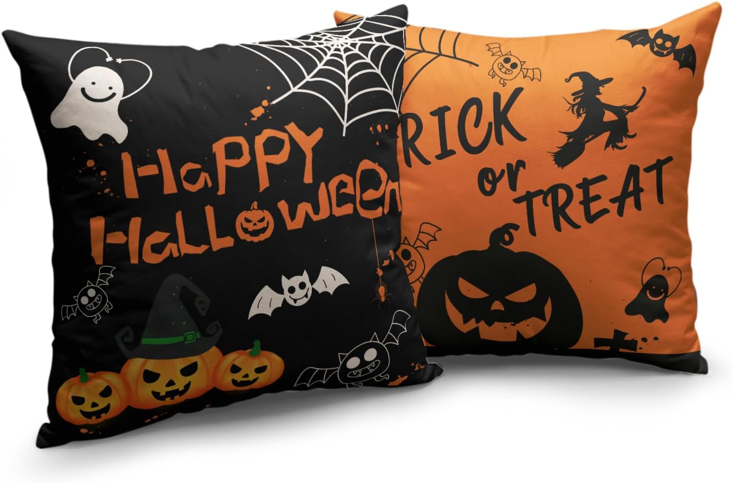 Fundas de almohada de Halloween de 16 x 16 pulgadas, protector de almohada de calabaza aterradora, murciélagos negros, bruja, juego de 2 fundas de