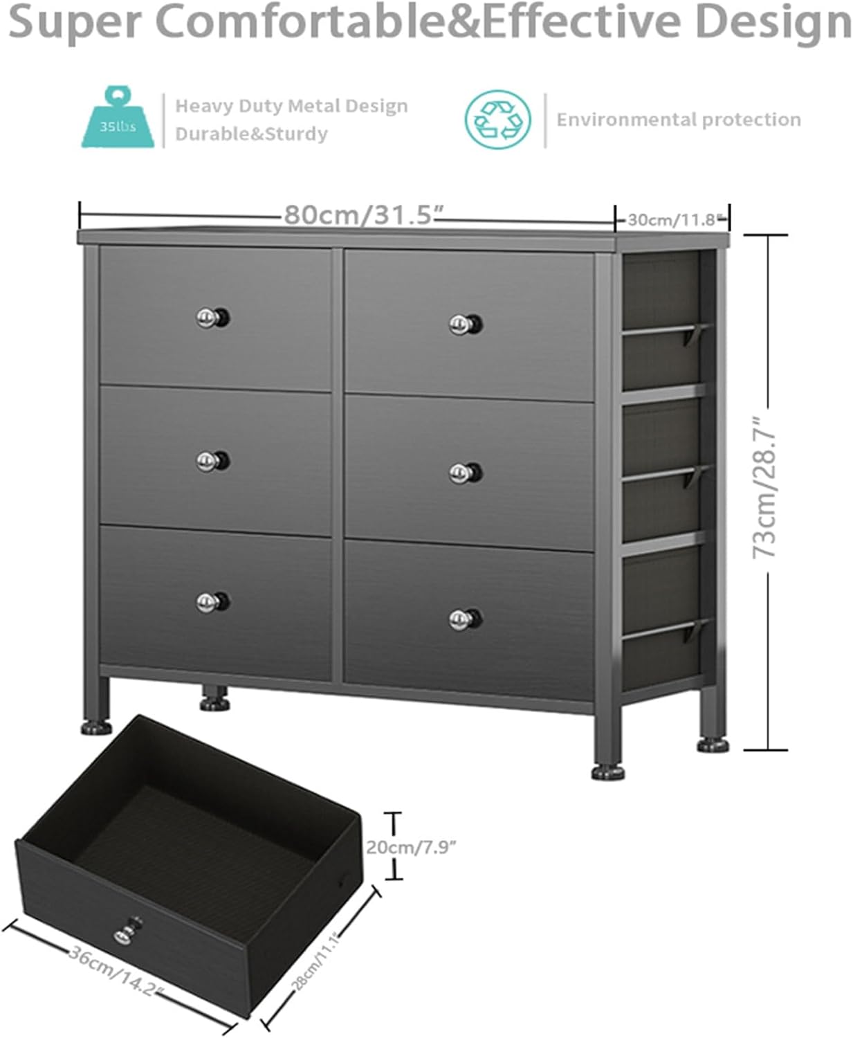BOLUO – Cómoda negra para dormitorio, cómoda de 6cajones, pequeña y de tela, almacenamiento para armario moderno
