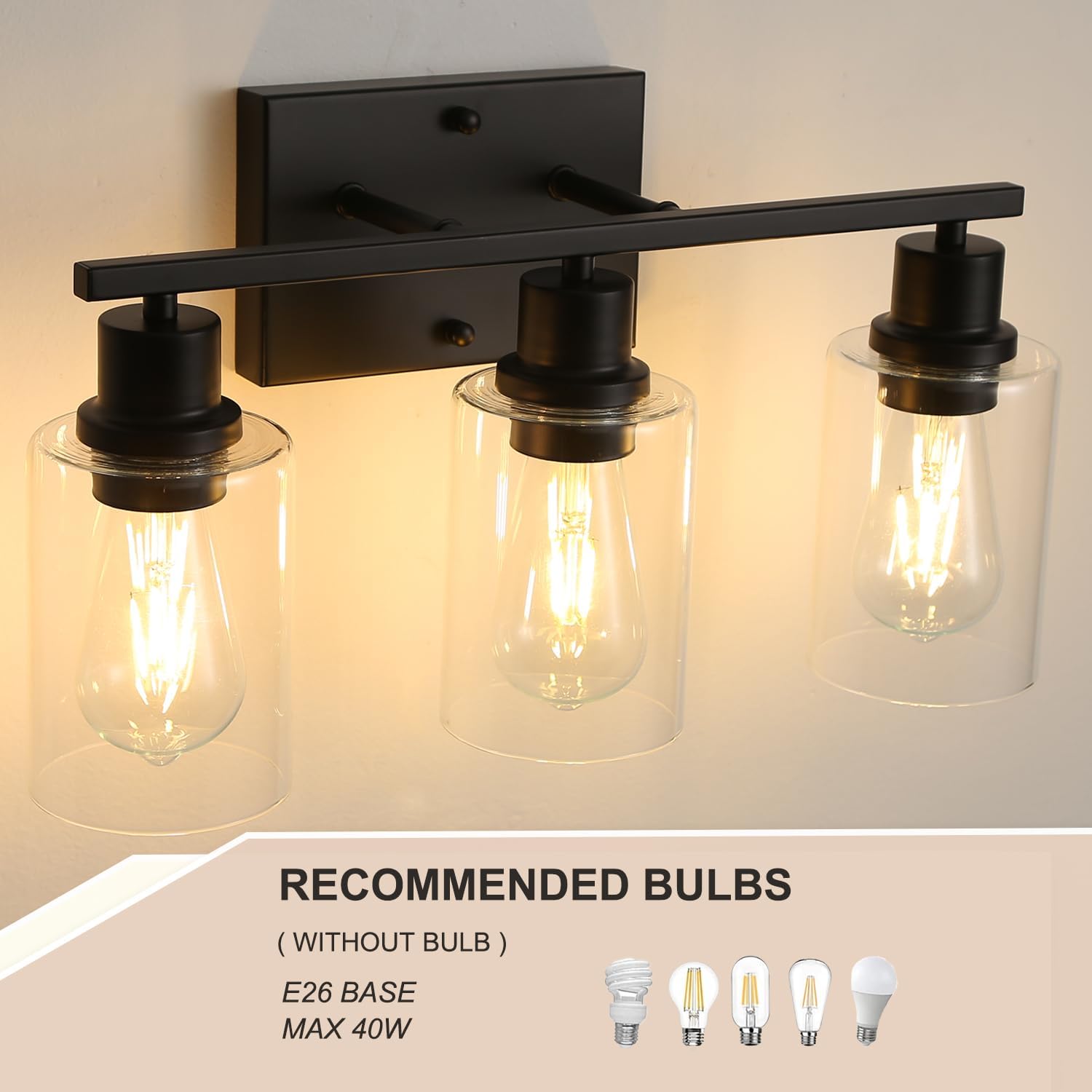 Lámparas de tocador de baño de 3 luces, apliques de pared negro mate con pantallas de vidrio transparente, iluminación de pared moderna de granja