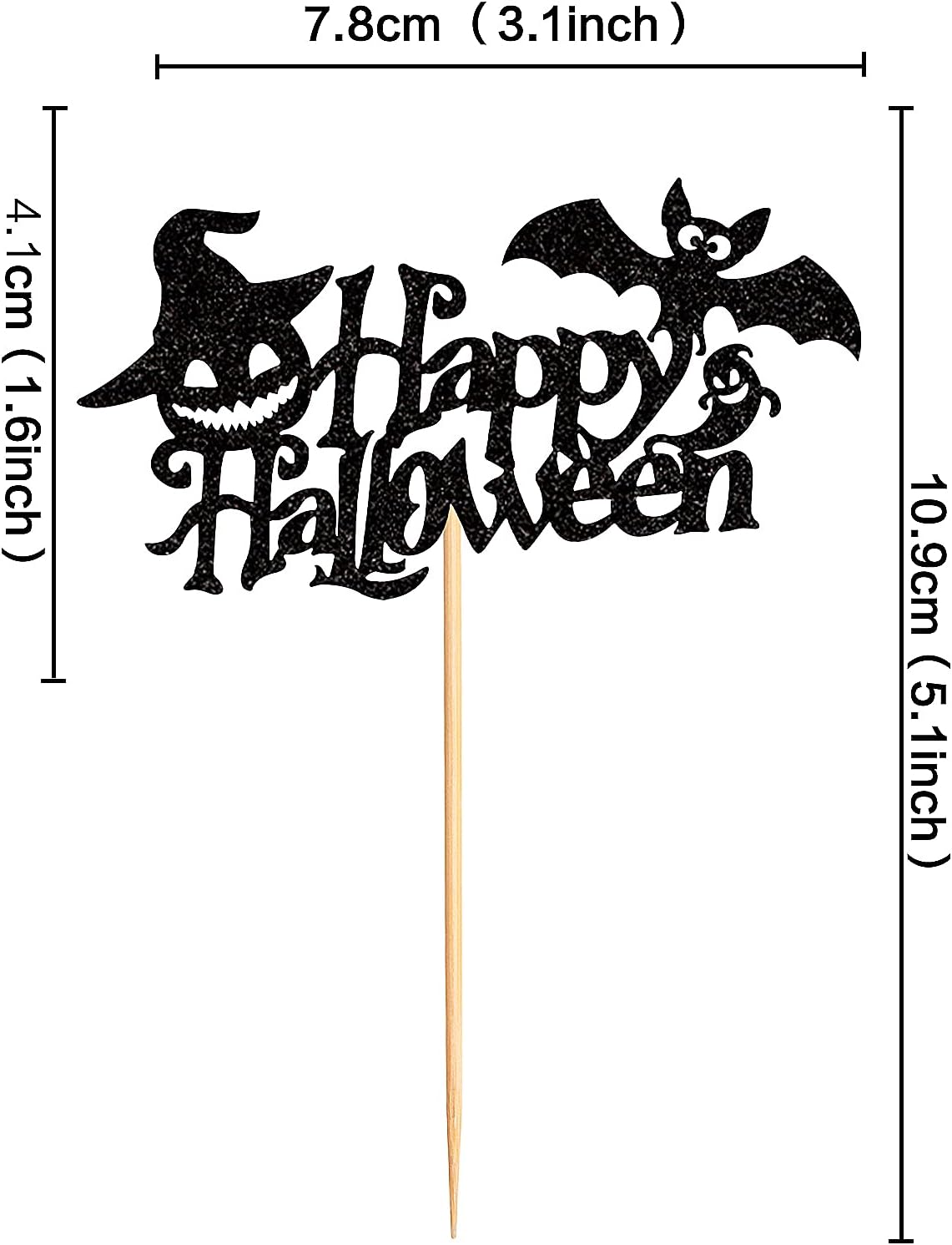 Ercadio Paquete de 24 adornos para cupcakes de Halloween con purpurina negra, murciélago, fantasma, calabaza, sombrero de Halloween para cupcakes,