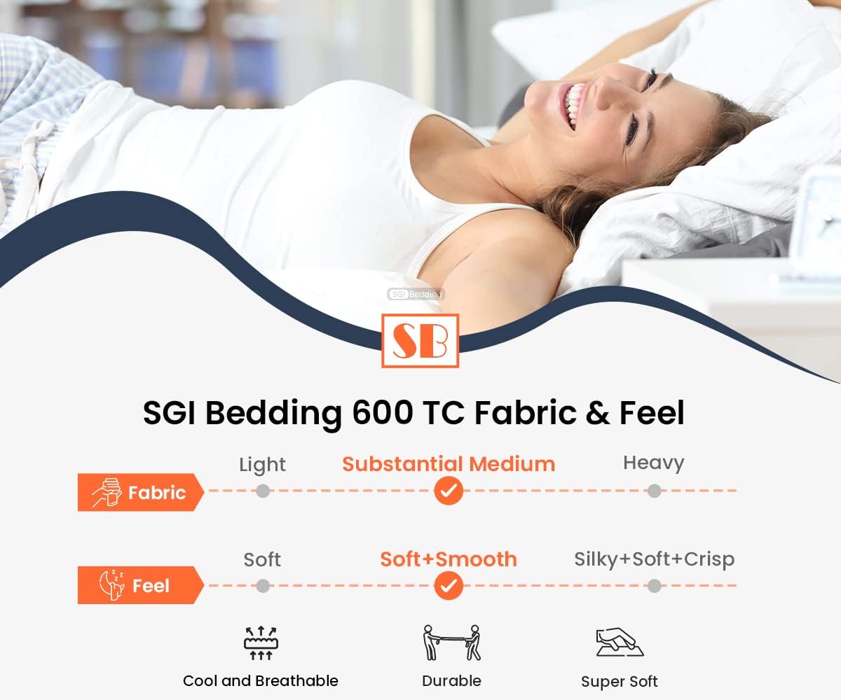 SGI – Juego de sábanas bajeras de 100 % algodón egipcio de 600 hilos, suave y liso, tejido de satén, 3 piezas, 1 sábana bajera ajustable y 2 fundas