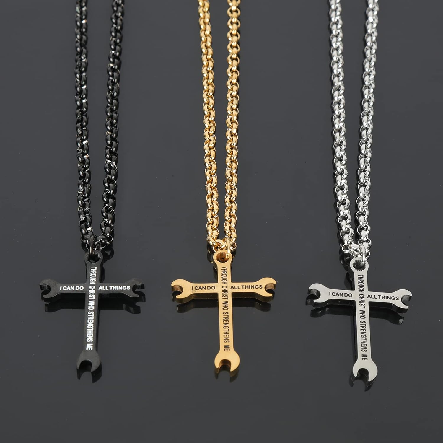 LeapoFaith Colgante de cruz para espejo retrovisor de automóvil, decoración de acero inoxidable, forma de llave, collar de cruz para hombres y