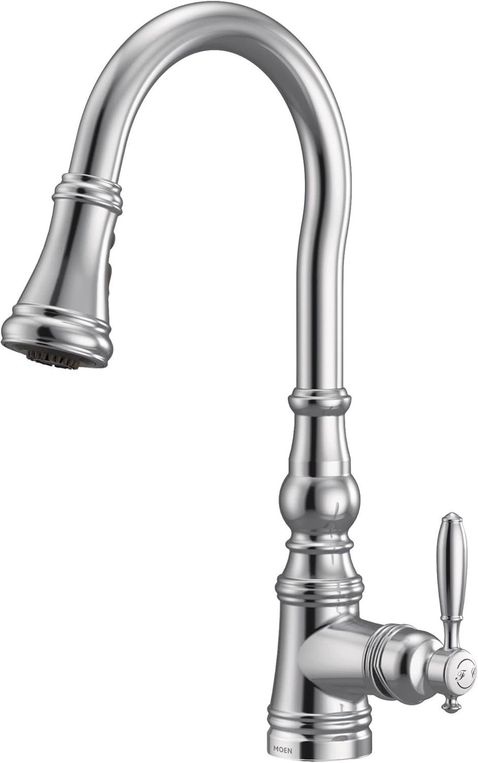 Moen S73004 Weymouth Shepherd’s Hook Grifo de cocina desplegable con varilla de metal con refuerzo de potencia, cromado