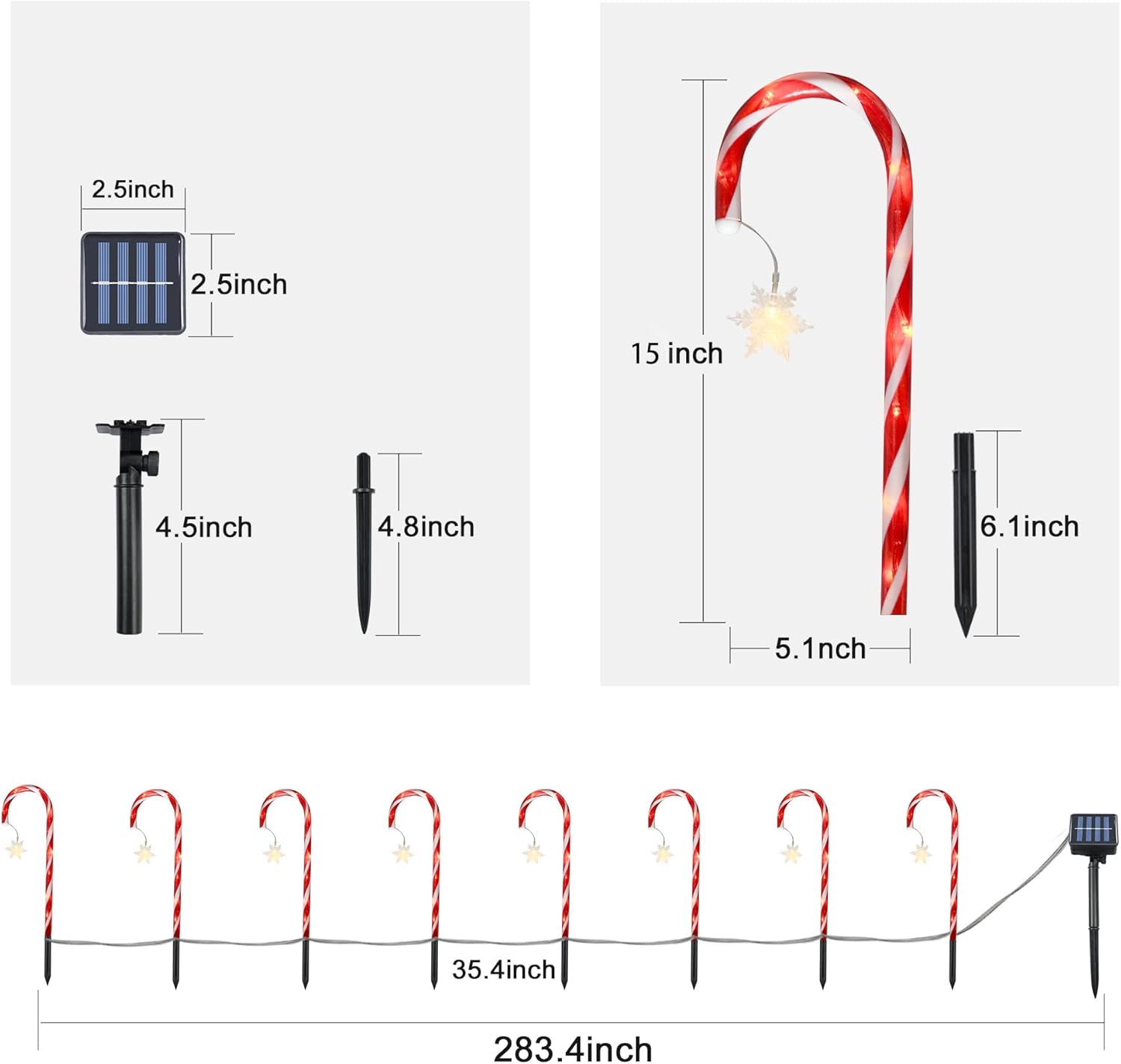 Luces solares de bastón de caramelo de Navidad con copo de nieve, luces solares mejoradas para marcadores de camino, paquete de 8 decoraciones de