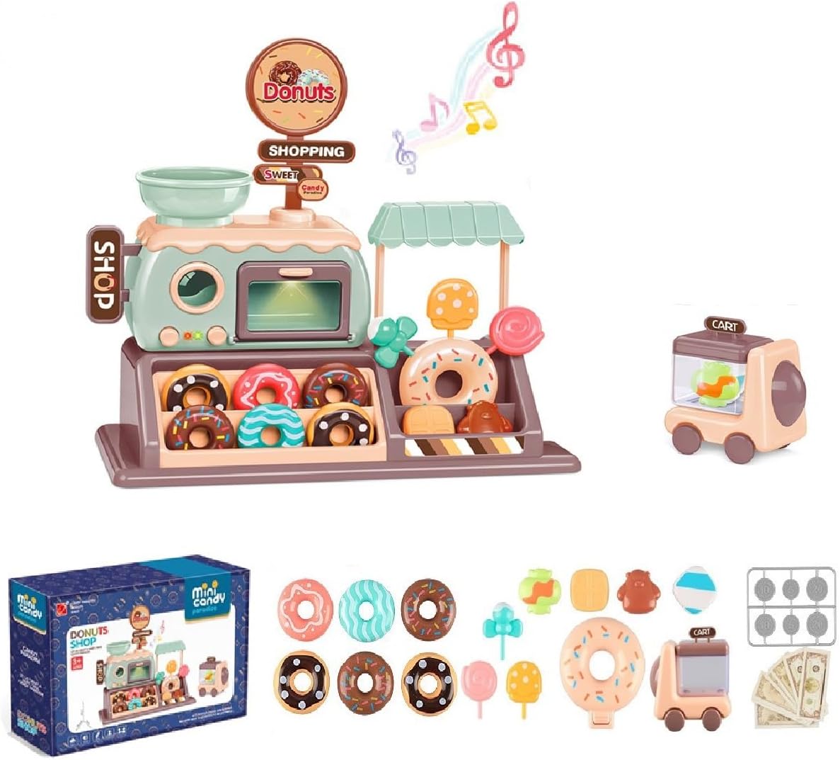 Juego de tienda de donas para niños pequeños, caja registradora y hornomicroondas incluidos, con música ligera y sonora, juguete de regalo de
