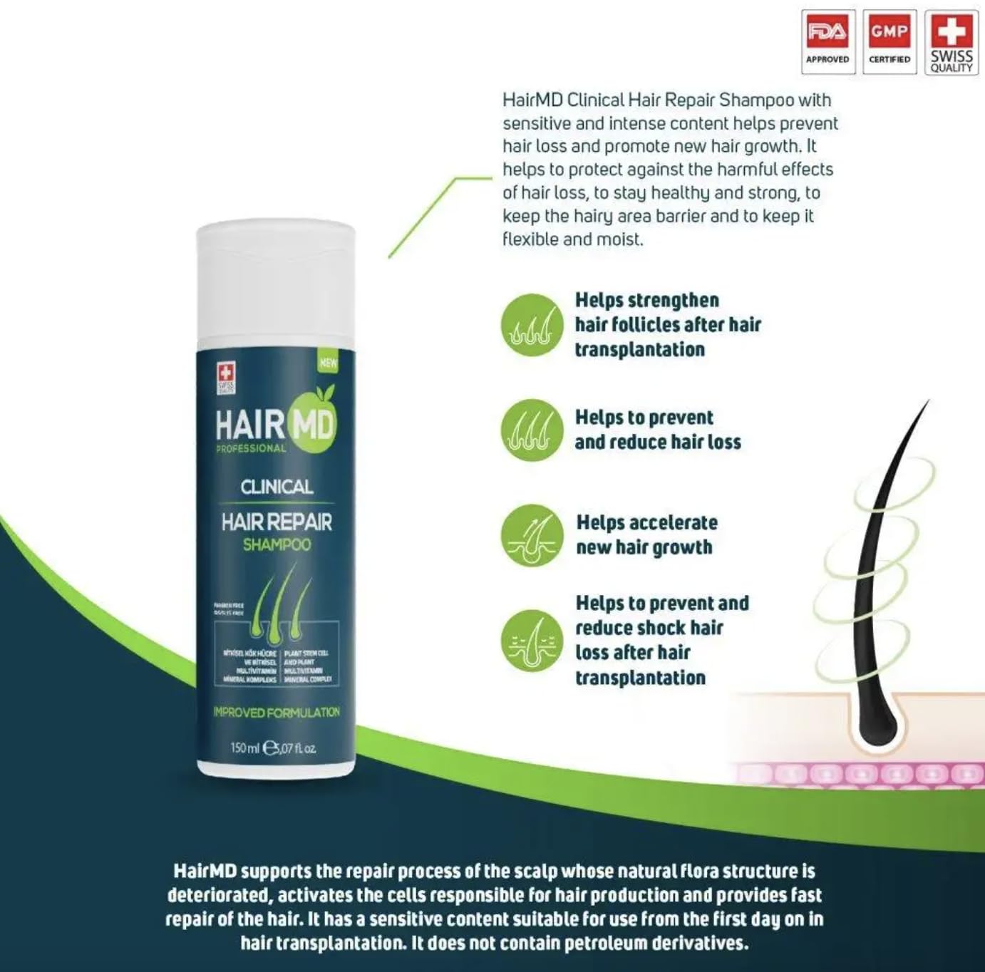 Champú de reparación clínica Transplant – Champú de biotina de 5.1 fl oz para el crecimiento del cabello, exclusivo champú sensible contra la