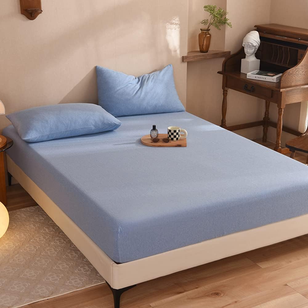 Mengersi Sábana bajera ajustable 100% de algodón de punto jersey, 1 sábana bajera, funda de colchón con bolsillo extra profundo (azul,