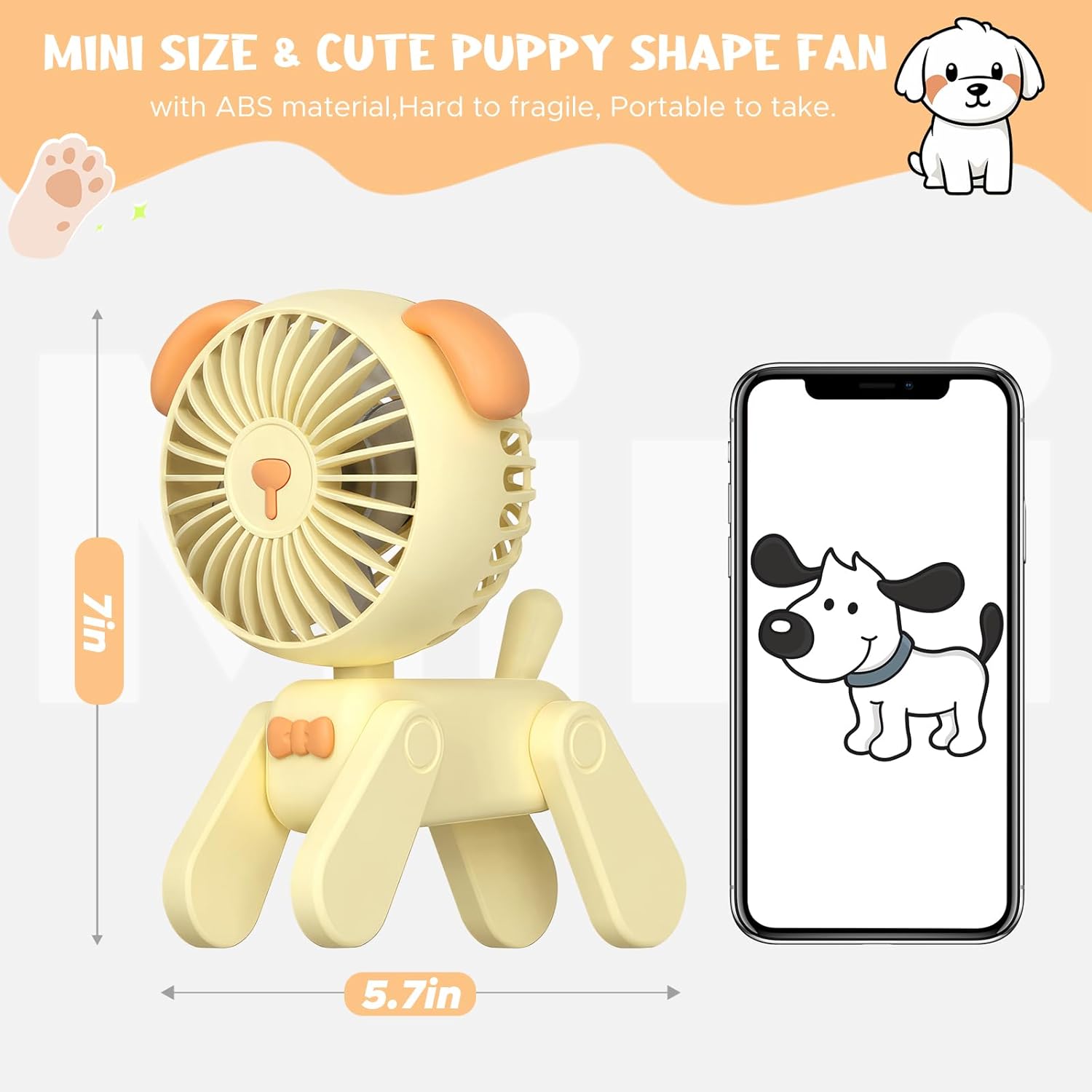 QearFun Ventilador de escritorio pequeño de 7 pulgadas, batería recargable USB, lindo ventilador plegable para cachorros, ventilador personal con 3