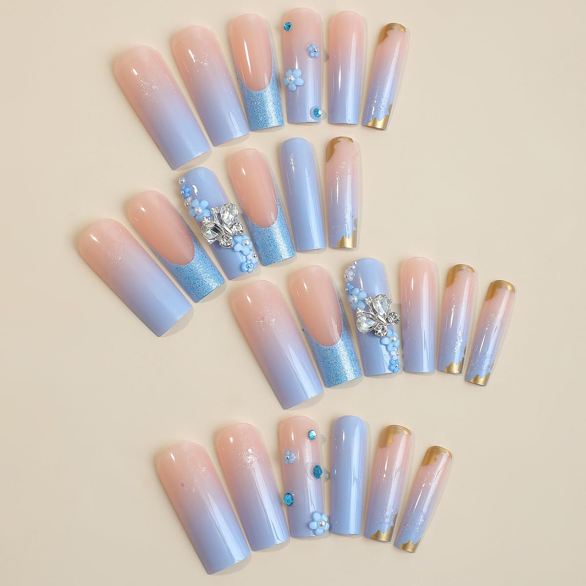 Uñas postizas de punta francesa, largas, cuadradas, a presión, mariposa con diamantes de imitación y flores, diseño de brillantina, uñas postizas