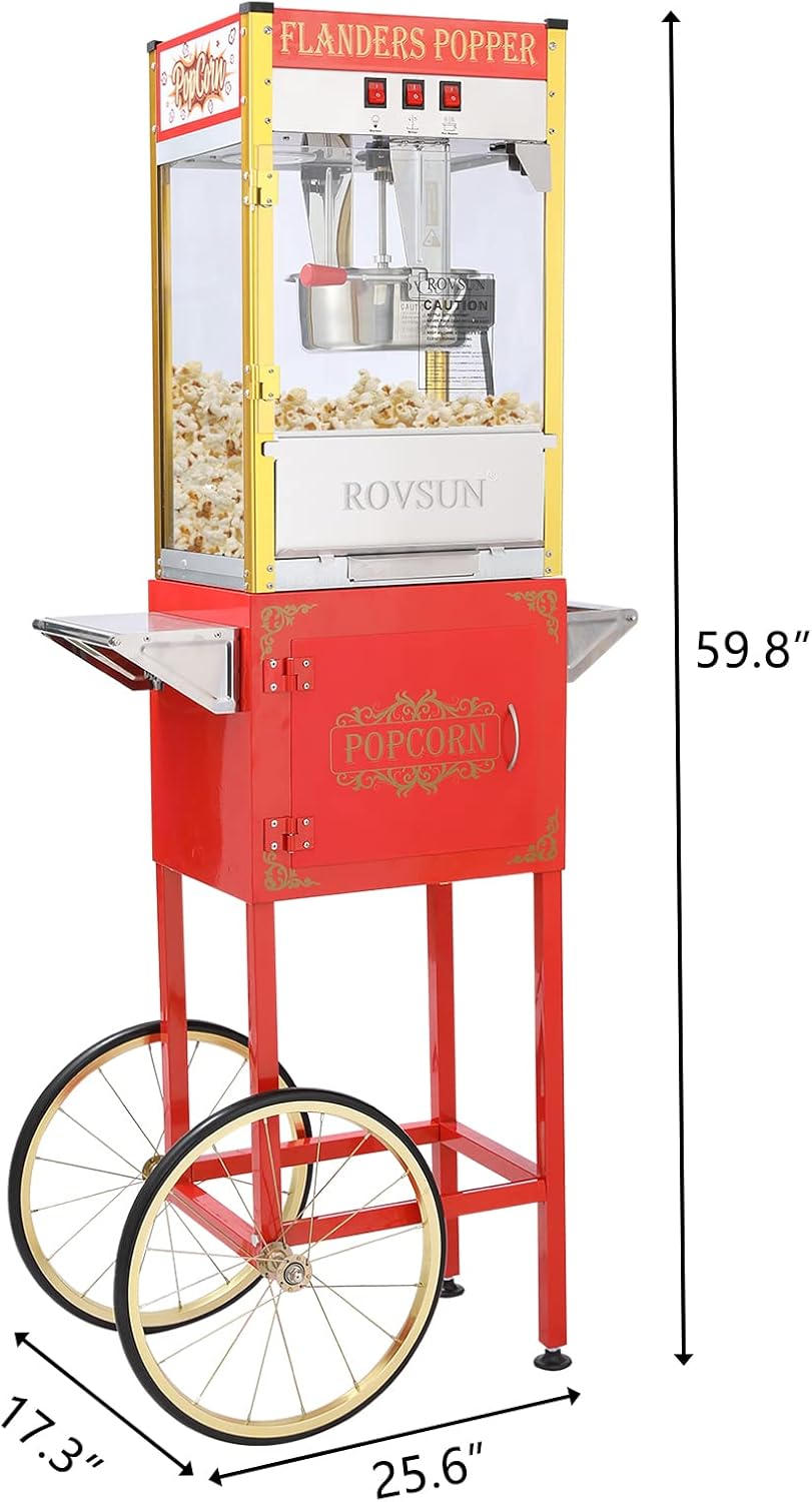 ROVSUN Popcorn Machine Movie Theater Style with Cart & Wheels, 8 Ounce Kettle Makes Up to 32 Cups Popcorn Maker with Popcorn Scoop, Oil Spoon & 3