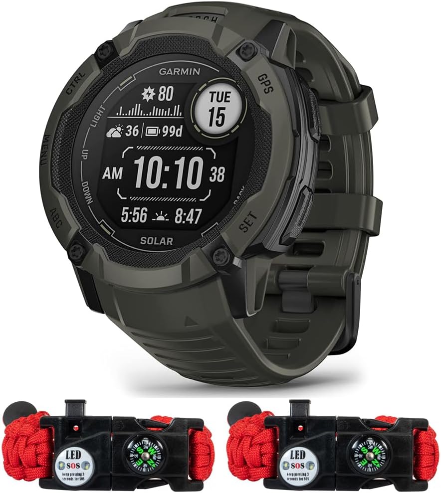 Garmin 010-02805-15 Instinct 2X Solar Rugged GPS Smartwatch Moss Bundle con Deco Essentials Paquete de 2 pulseras tácticas de emergencia paracord