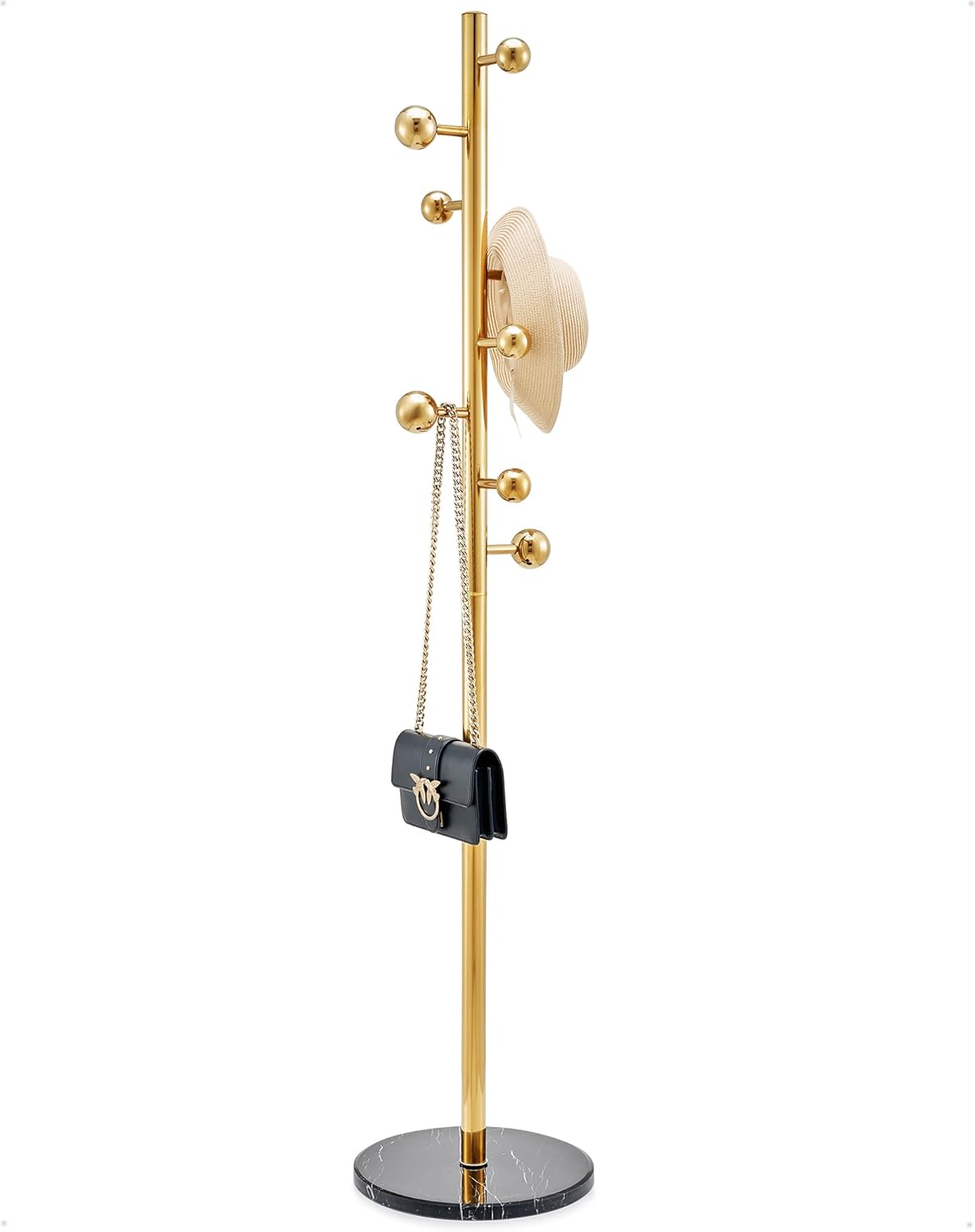 Perchero de acero inoxidable independiente, perchero con base de mármol natural, soporte de árbol de pasillo de metal dorado, colgador de ropa