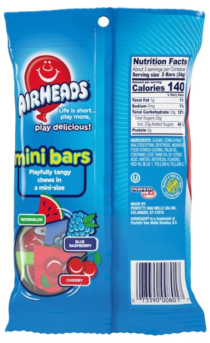 Airheads Mini barras de caramelo  Sabores surtidos, caramelo de fruta masticable  Envueltas individualmente (2 bolsas cada 3.62 onzas)  Joy Bringers