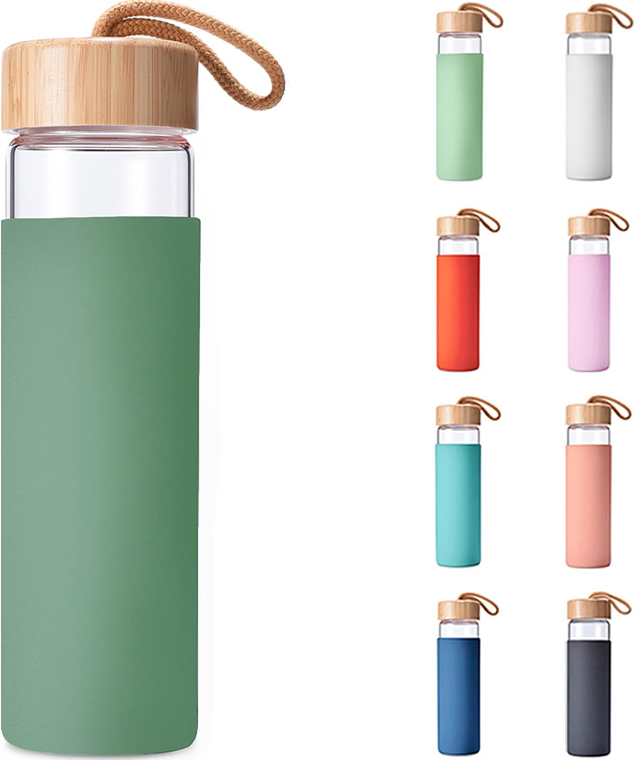 Botella de agua de vidrio de borosilicato de 20 onzas con tapa de bambú y funda de silicona, reutilizable, sin BPA, botella de vidrio con tapas,