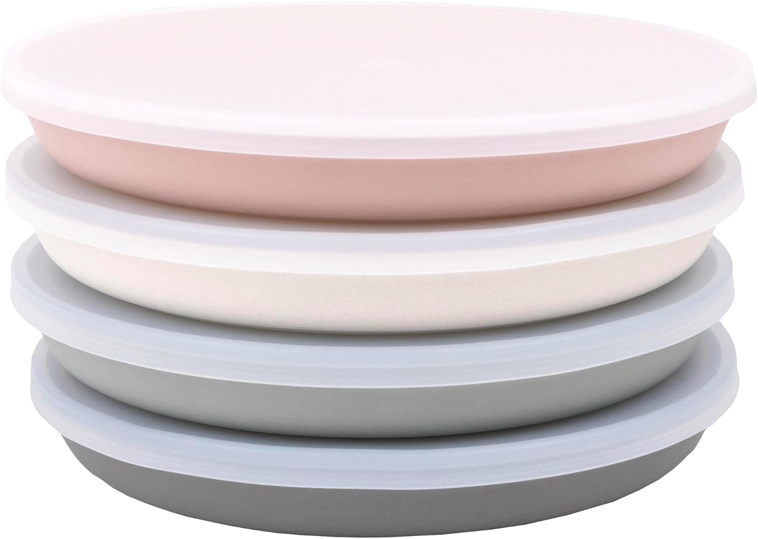 WeeSprout Juego de 4 platos de bambú, silicona y melamina con tapas, diseño de tamaño infantil para sobras, apto para lavavajillas (rosa, verde,