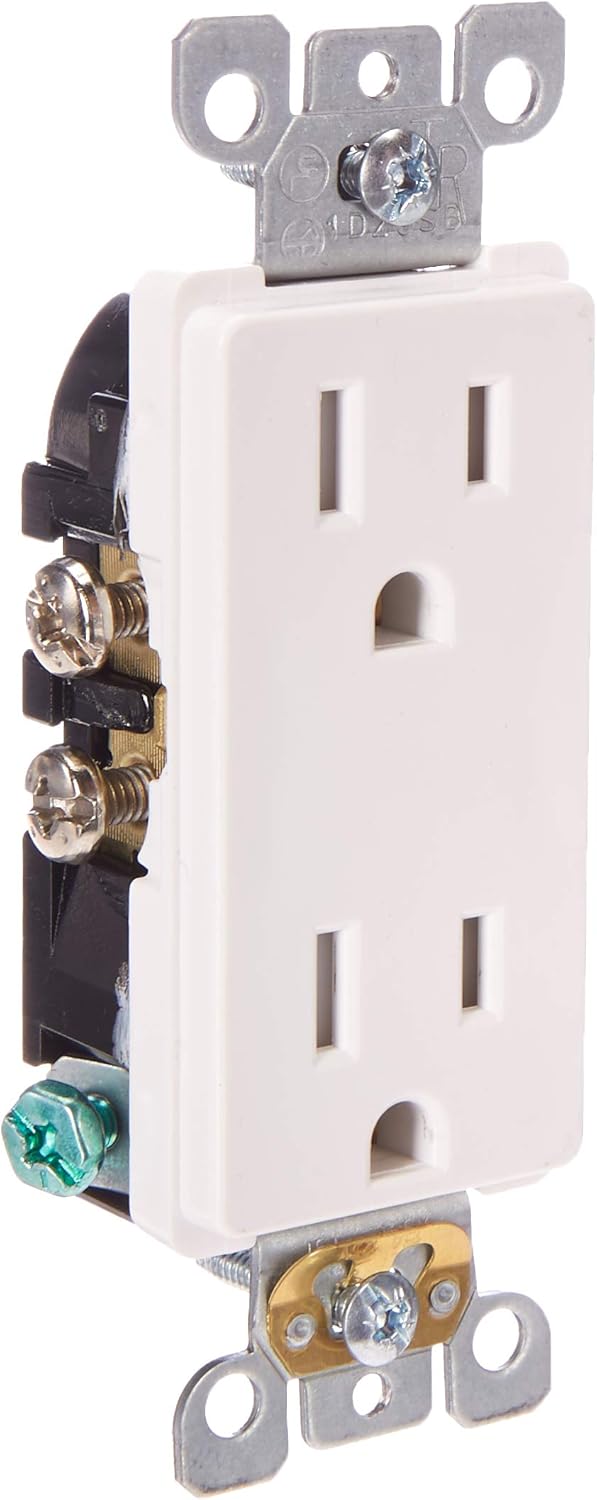 Leviton T5325-SW Receptáculo dúplex Decora de 15 amperios NEMA 5-15R de 2 polos y 3 alambres, resistente a manipulaciones, auto conexión a tierra,