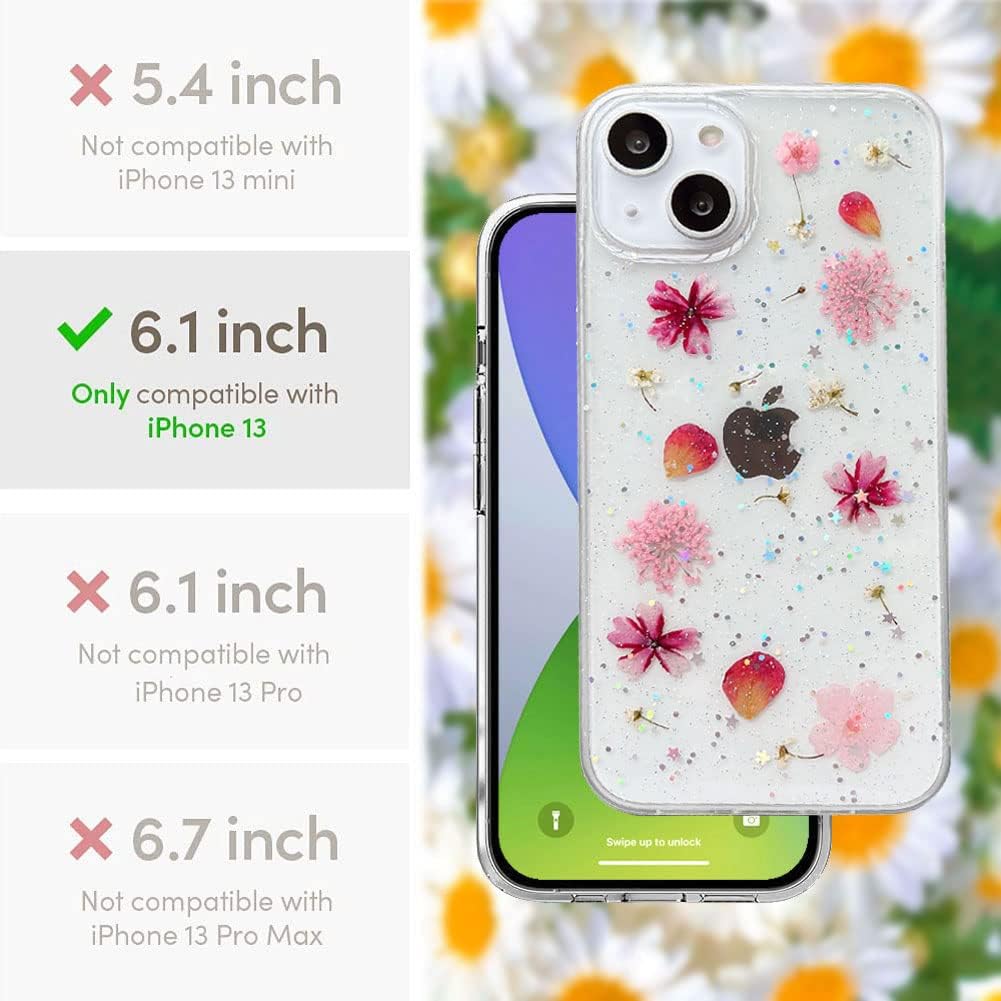 Diseñada para iPhone 13, funda estética brillante transparente con diseño de flores naturales, TPU suave prensado floral real, a prueba de golpes,