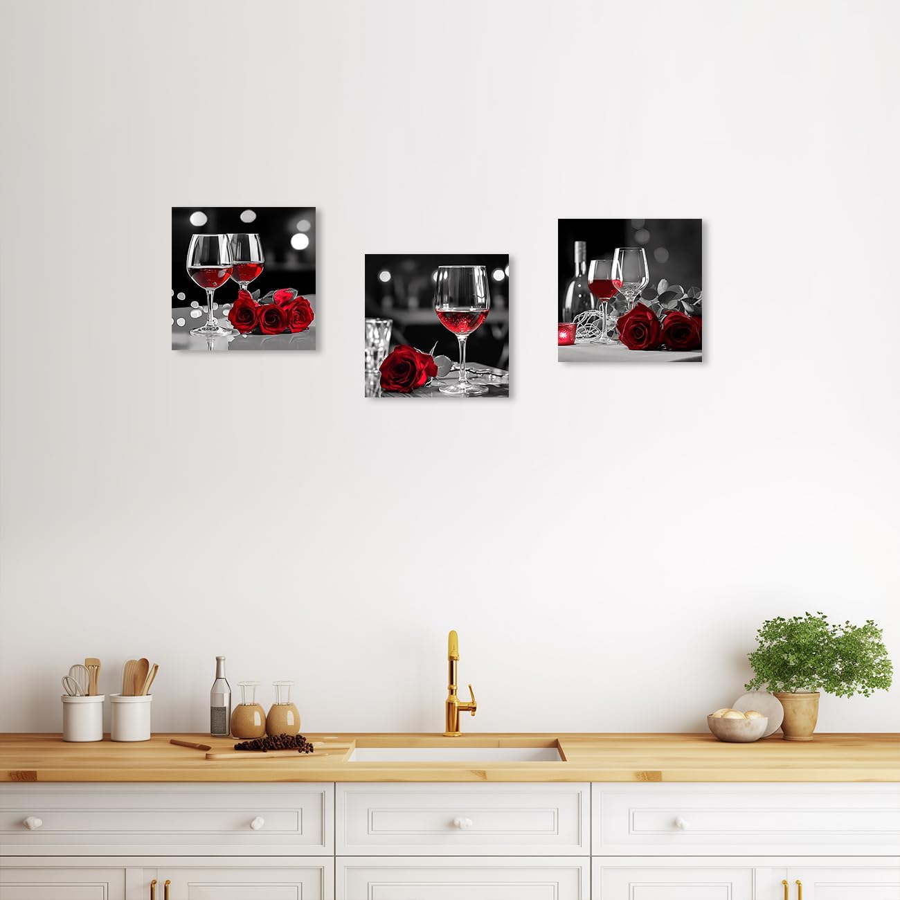 QIXIANG Lienzo de pared con rosas de vino tinto para decoración de cocina, 3 piezas de impresiones de imagen en blanco y negro para decoración de