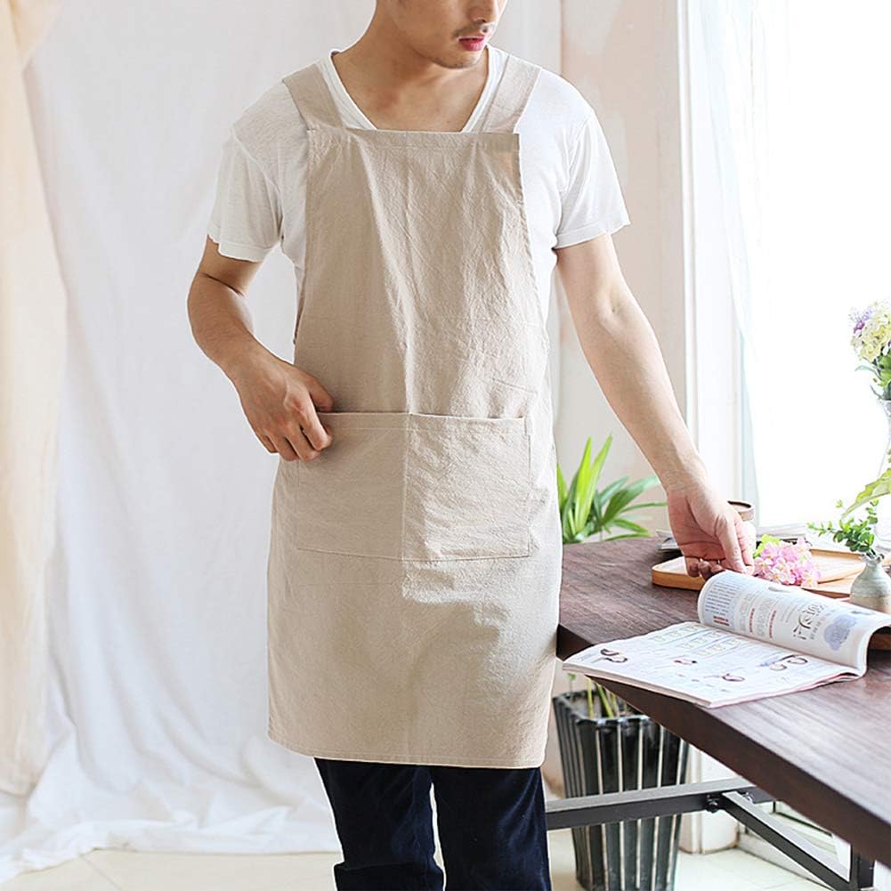 NEWGEM Delantales de cocina de lino japonés con espalda cruzada para hombres con bolsillos para hornear, pintura, jardinería, limpieza, color caqui