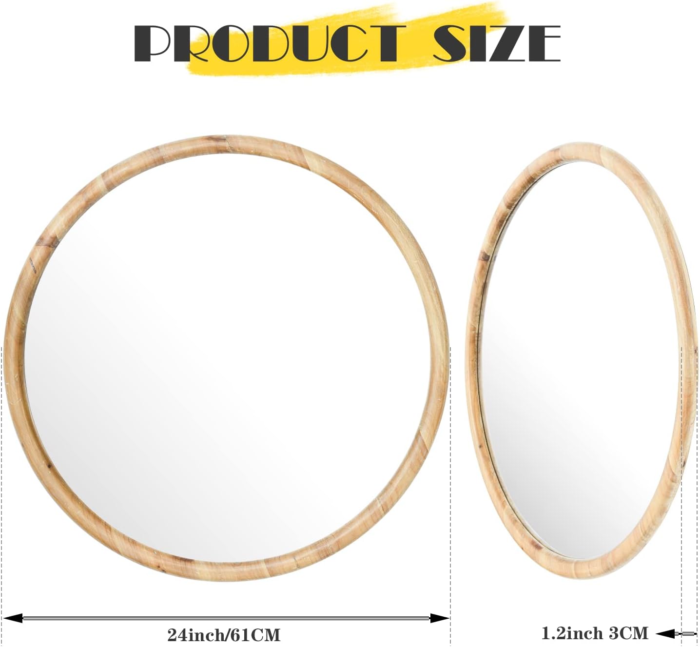 Espejo de madera natural de 24 pulgadas, espejo circular grande rústico decorativo para sala de estar, chimenea, pasillo, granja