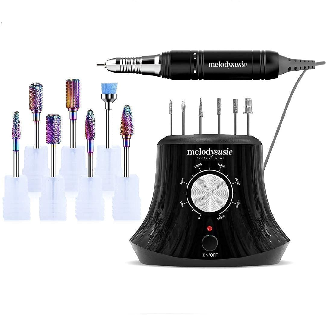 MelodySusie Taladro de uñas profesional de 30000 RPM con 7 brocas de carburo de tungsteno, alta velocidad, bajo calor, bajo ruido, baja vibración,