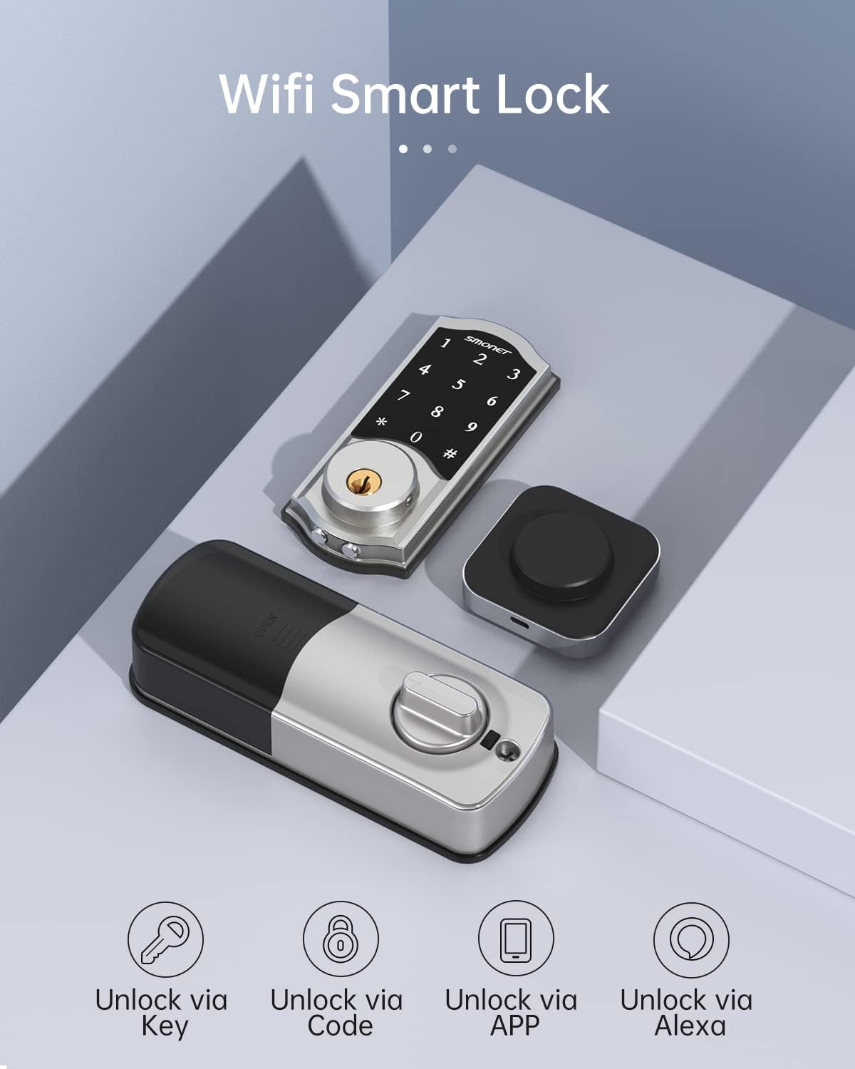 SMONET – Cerradura de puerta WiFi SMONET 5 en 1 con control remoto inteligente para puerta delantera, cerraduras de entrada sin llave, combo de