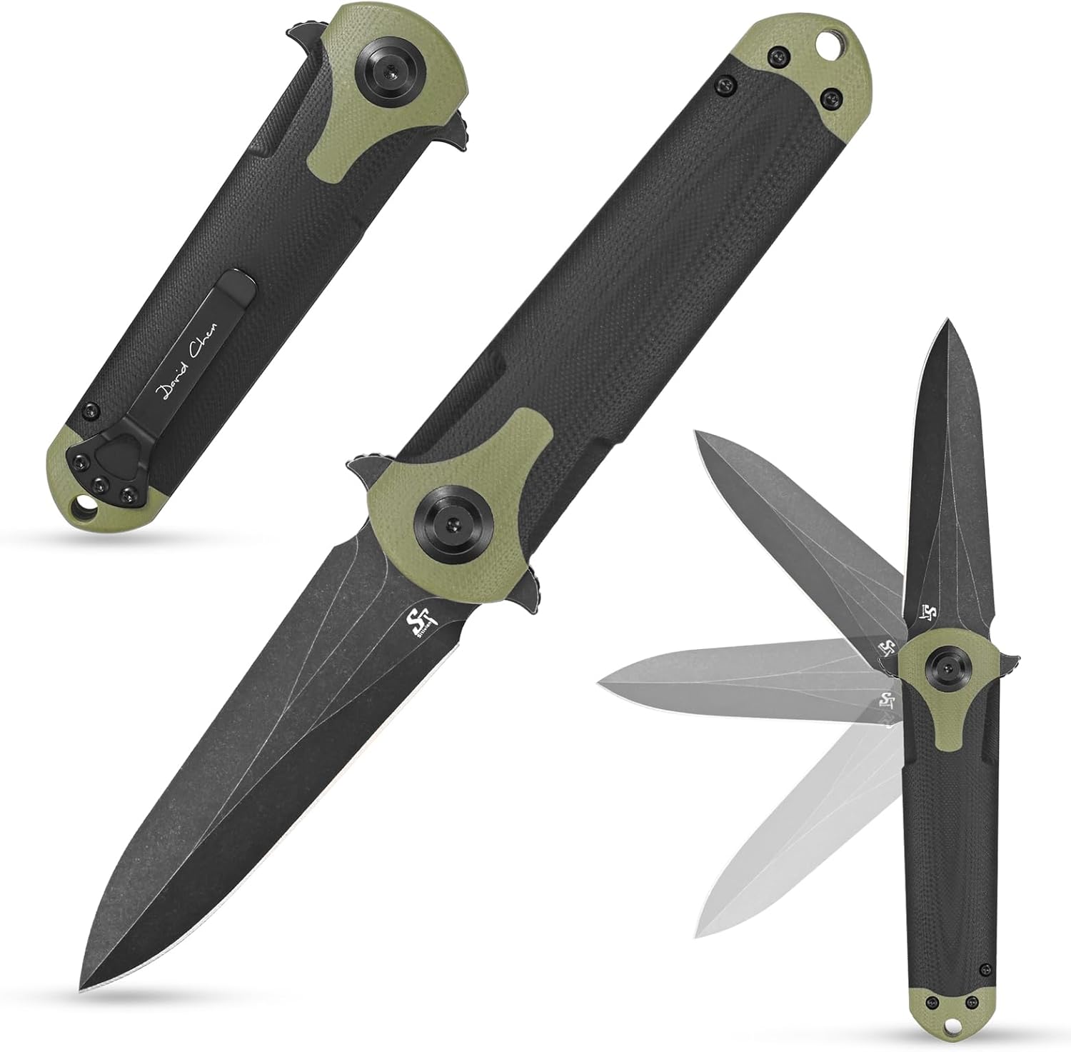 Sitivien ST158 – Cuchillo de bolsillo plegable, chapado en titanio, hoja de acero DC53 lavado a la piedra negra con mango G10, cuchillo de
