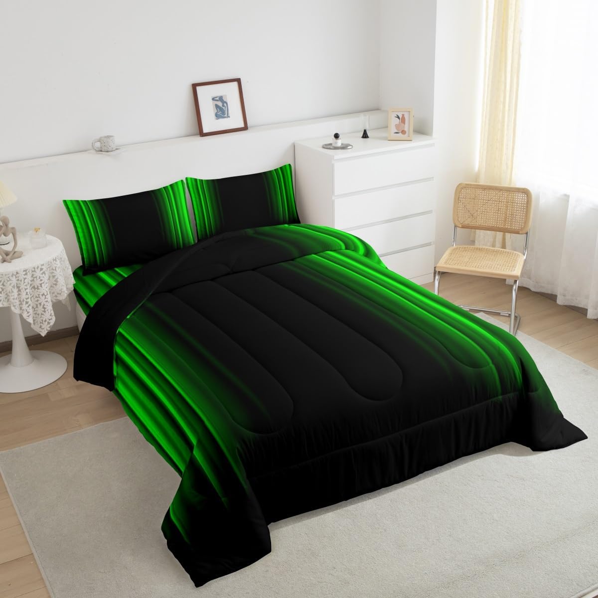 Feelyou Juego de ropa de cama geométrica abstracta degradada para hombres, adultos, adolescentes, juego de edredón a rayas verdes y negras, juego de