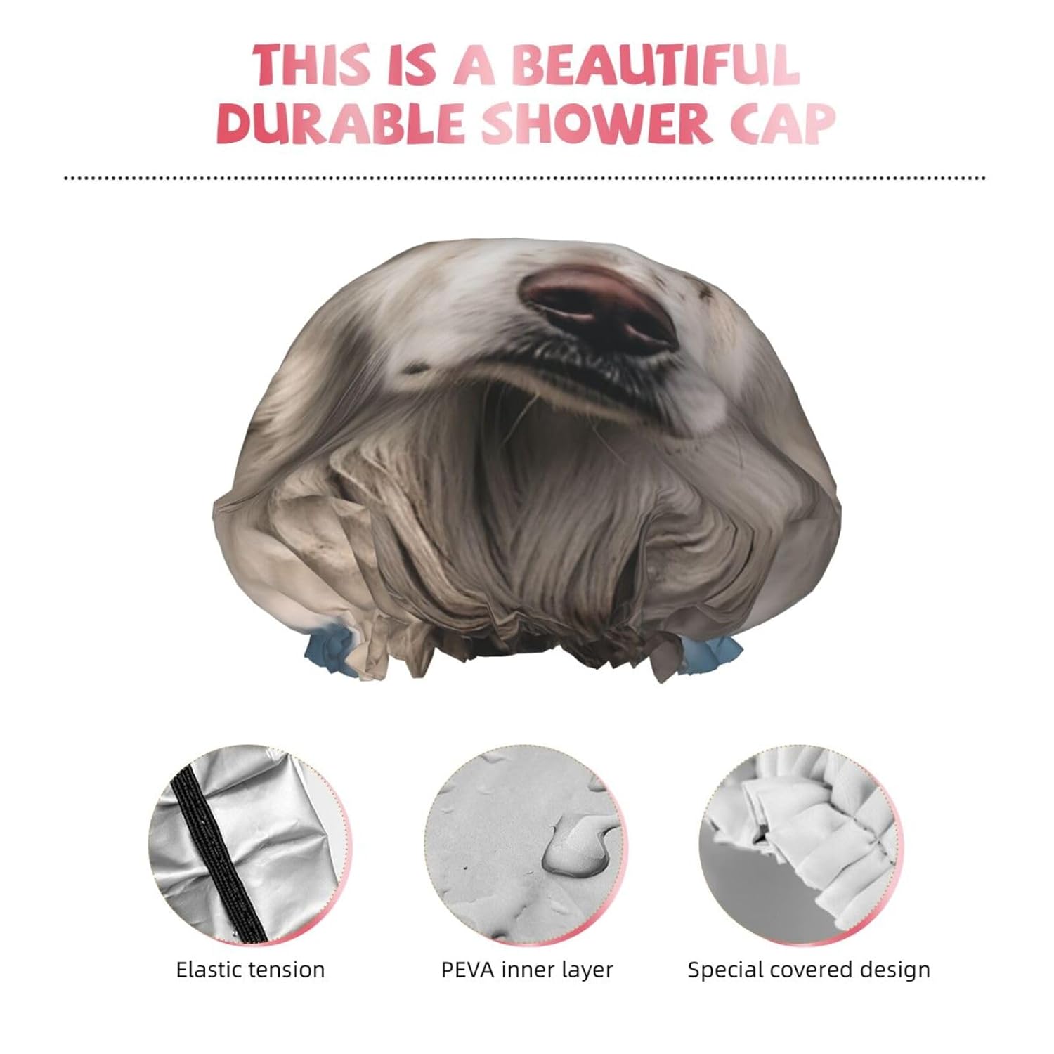 Big White Dog Shower Cap for Women Men Waterproof Hair Cap with Elastic Band Double Layered Bath Caps Reusable Bathing Shower Caps for all Hair Types