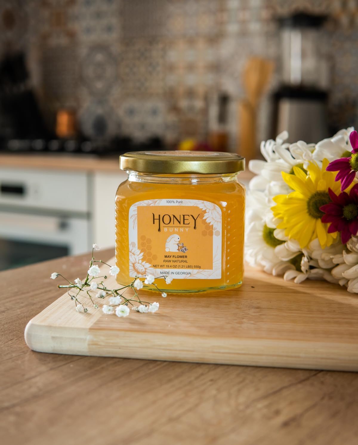Honey Bunny May Flower Raw Natural, buena fuente de antioxidantes, edulcorante alternativo, producto de Georgia, 19.4 onzas, paquete de 2