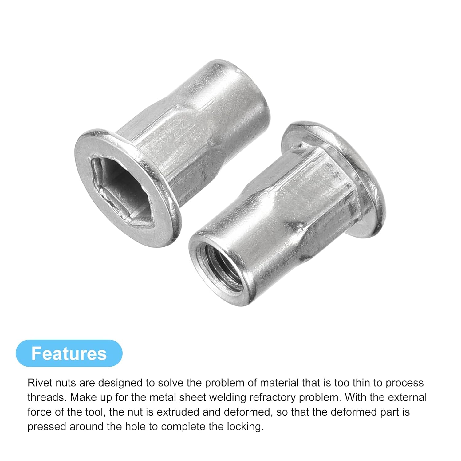 uxcell M5 – Tuercas de remache de cuerpo hexagonal, 60 tuercas de inserción roscadas de cabeza plana de acero inoxidable 304