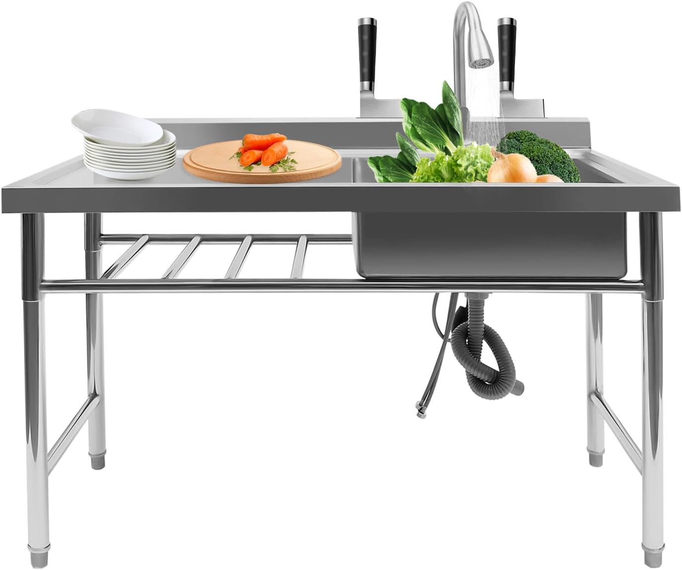 Fregadero de cocina comercial de 1 compartimento, fregadero de restaurante, tabla de drenaje de acero inoxidable con cuenco de drenaje grande y