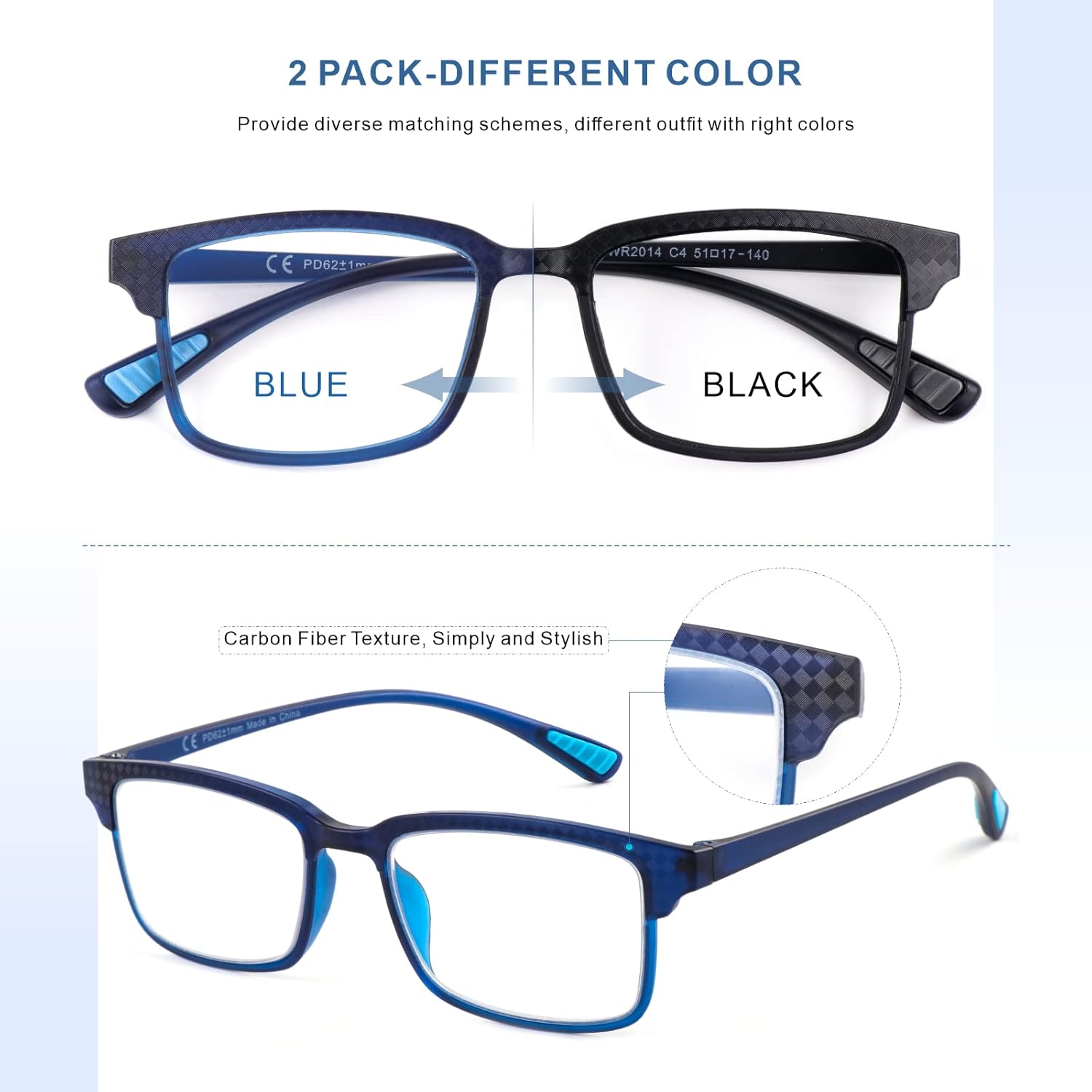 CARA – Paquete de 2 lentes de lectura progresivos multienfoque, marco TR90, flexible, ligero, con bloqueo de luz azul, para lectores de computadora,