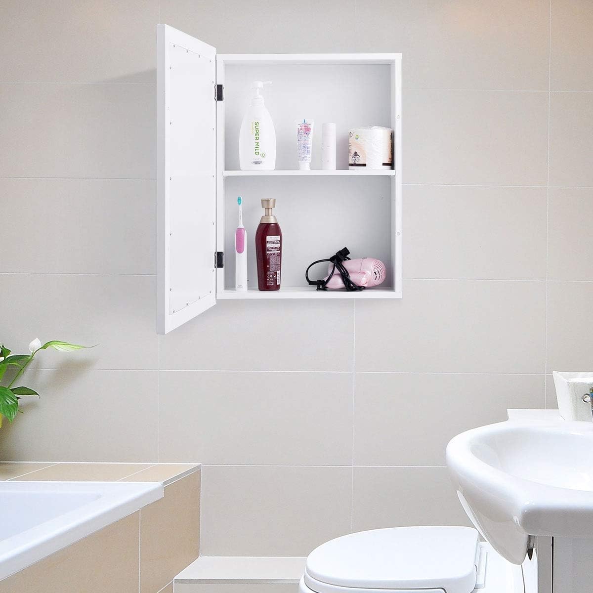 GOFLAME Botiquín de baño, armario de almacenamiento con espejo de montaje en pared con una sola puerta y estante ajustable, organizador de madera