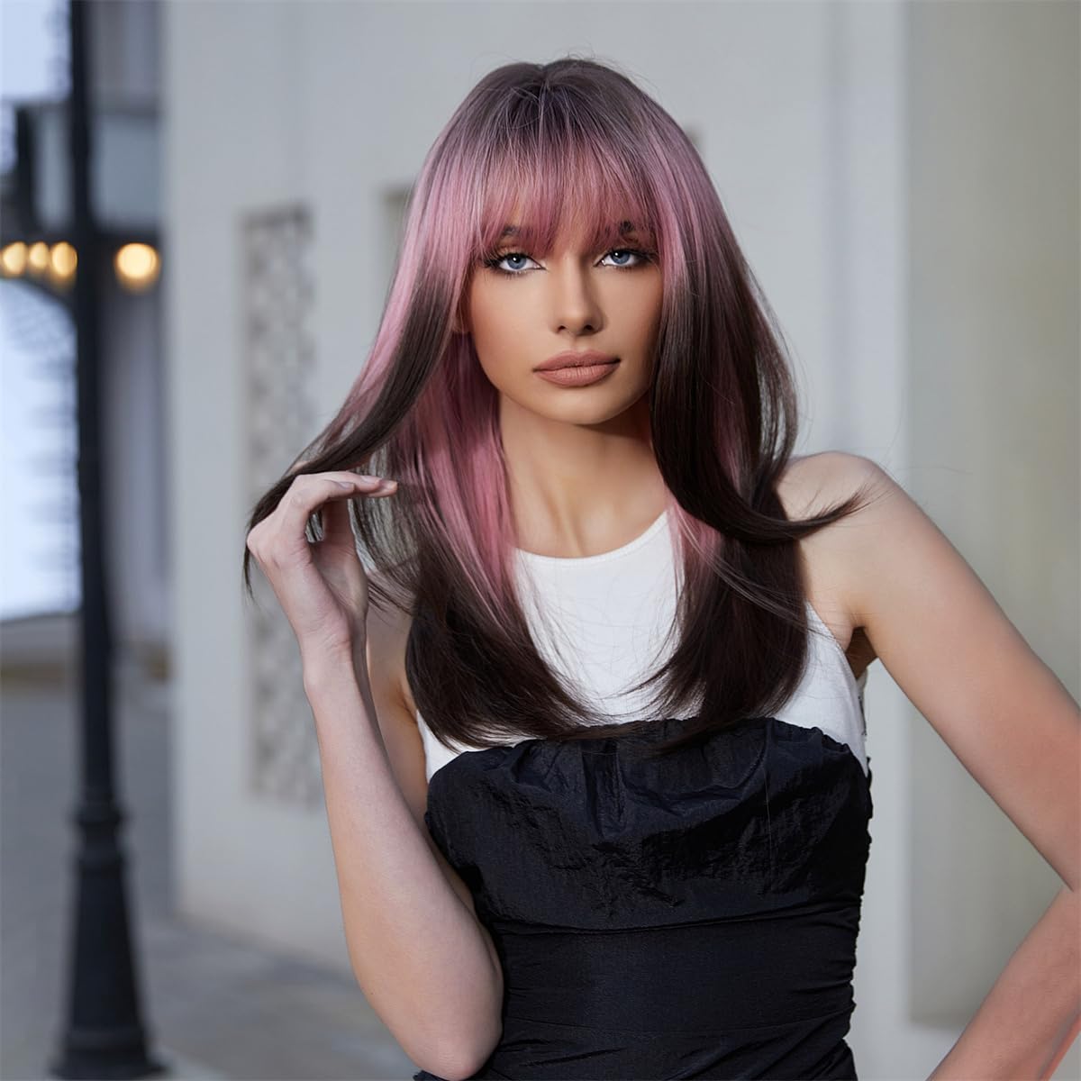 WL-09 Pelucas de longitud larga para mujer, peluca en capas con flequillo, cabello largo y lacio, longitud hasta el hombro, pelucas sintéticas