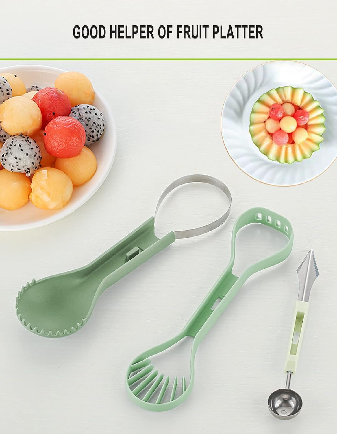 Melon Baller Scoop Set, profesional 6 en 1 cortador de sandía de acero inoxidable cortador de sandía herramientas de tallado de frutas, cortadores