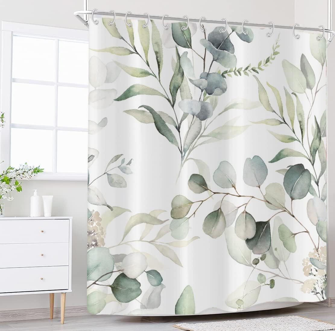 GCIREC Cortinas de ducha de hojas de eucalipto, color verde salvia, plantas de acuarela botánica, cortinas de baño, bañera, decoración del hogar,