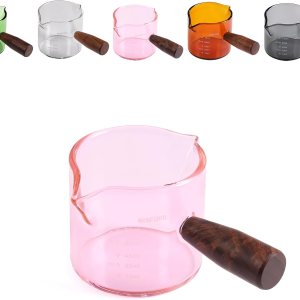 Vaso de chupito de espresso hecho a mano de 3.5 onzas con boquilla doble con mango de nogal americano, taza de leche de medición triple con 2 Vaso de chupito de espresso hecho a mano de 3.5 onzas con boquilla doble con mango de nogal americano, taza de leche de medición triple con 2