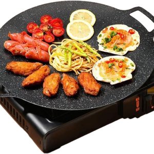 Sartén coreana para barbacoa, parrilla redonda con revestimiento antiadherente de 6 capas, sartén coreana de aluminio con asas dobles para asar Sartén coreana para barbacoa, parrilla redonda con revestimiento antiadherente de 6 capas, sartén coreana de aluminio con asas dobles para asar